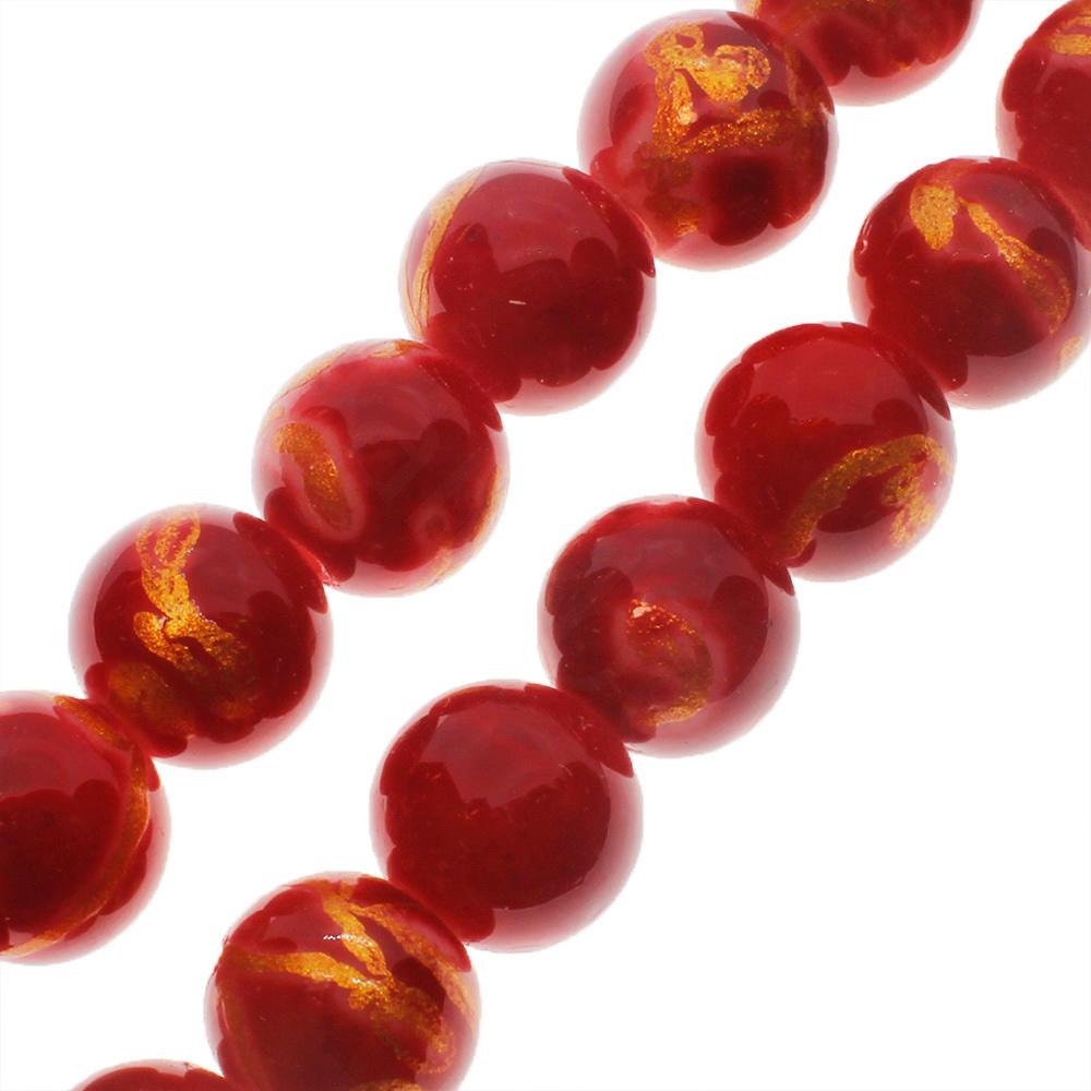 Gold Swirl Glass Beads 10mm Round - Red