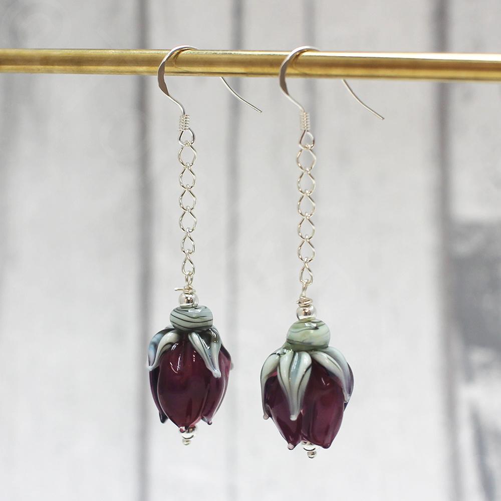 Lampwork Earrings - Raspberry and Purple Rosebuds -20mm