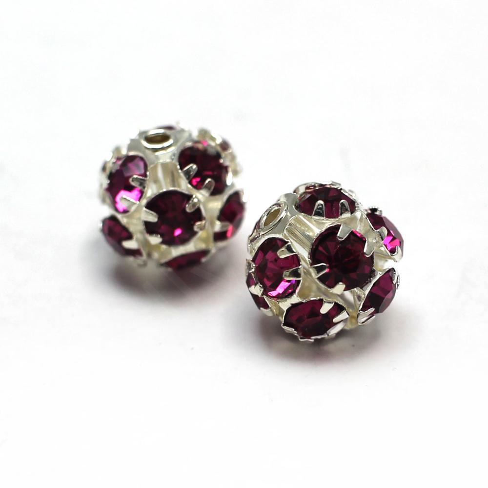 Crystal Diamante Silver Plated Spacer Round 10mm - Fuscia