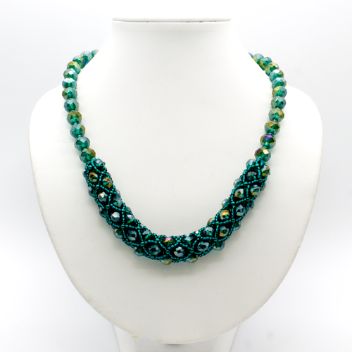 Crystal Tubular Netting Necklace teal necklace making kit — DIY set with beads and instructions for creating handmade jewelry