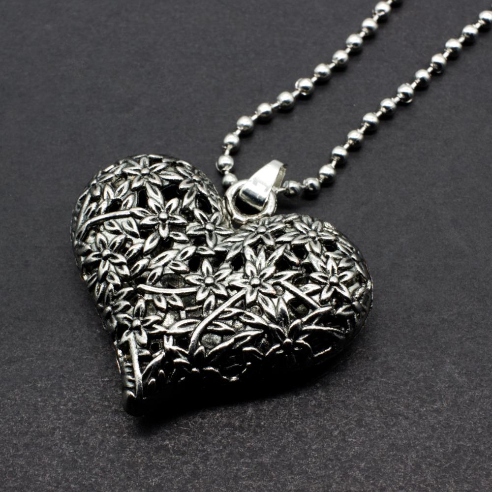 Silver Heart Necklace with Flower Pattern