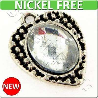 Antique Silver Metal Charm - Crystal Heart 17mm 4pcs