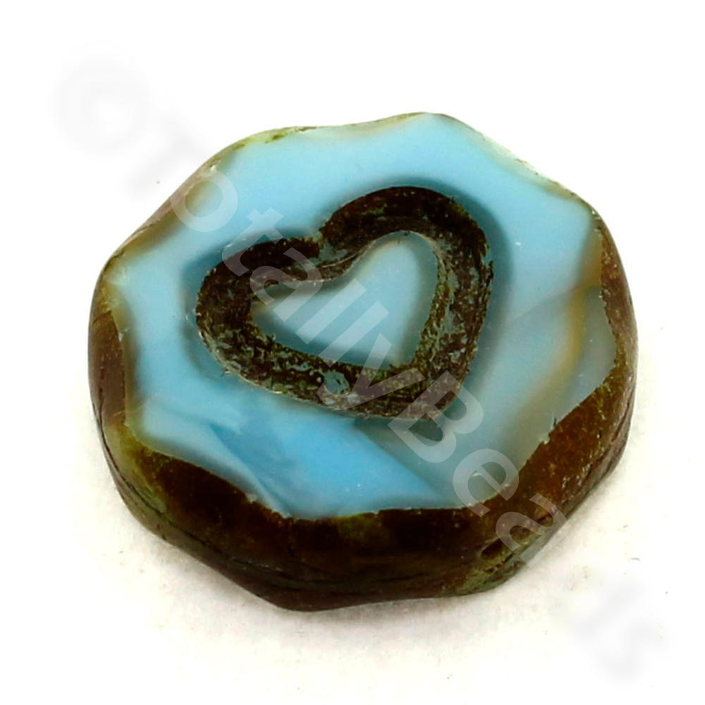 Table Cut Glass Bead - Turquoise Heart Coin 18mm