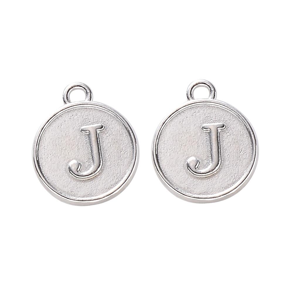 Disc Letter Charm Rhodium 12mm   J for jewellery making