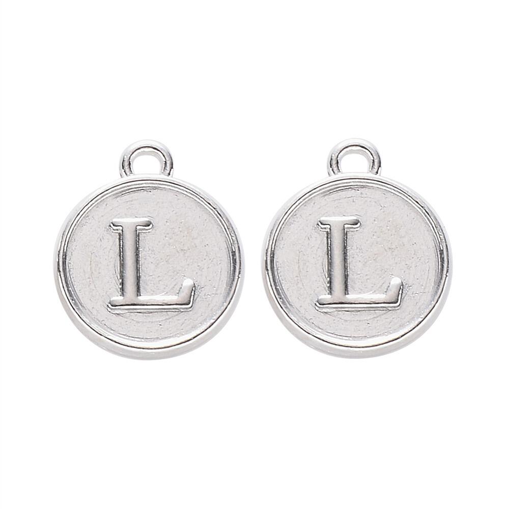 Disc Letter Charm Rhodium 12mm   L for jewellery making