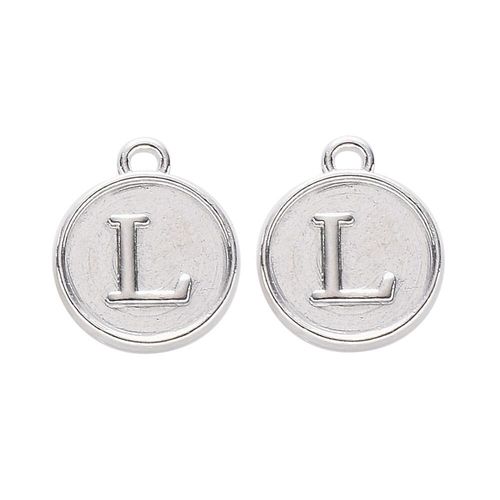 Disc Letter Charm Rhodium 12mm   L for jewellery making