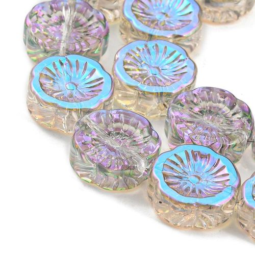 Glass Flower Beads 14mm Coin 10pcs   Lilac AB for jewellery making