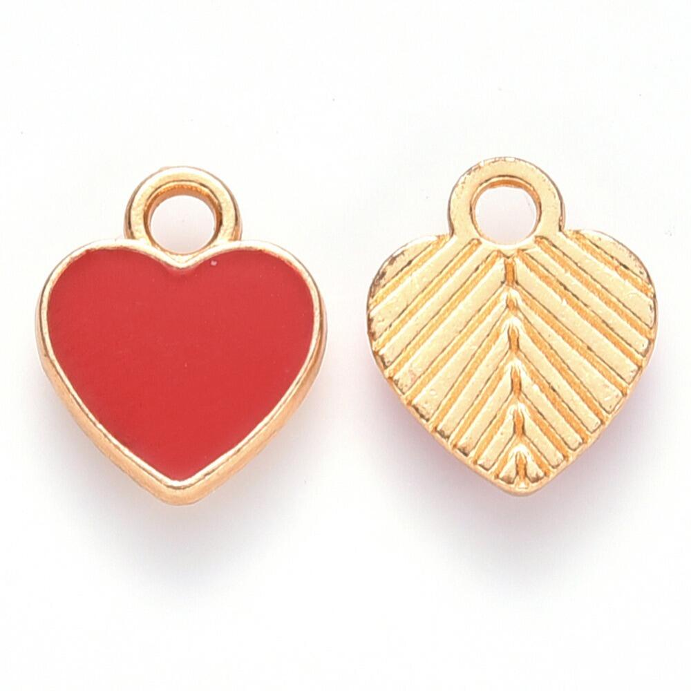 Enamel Gold Charm   12mm Heart Red 2pc for jewellery making
