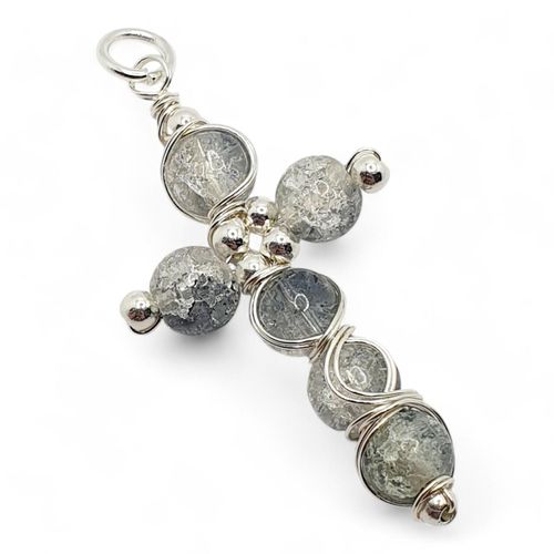 Crackle Cross Pendant Makes 10 clear grey jewelry making kit — DIY set with beads and instructions for creating handmade jewelry