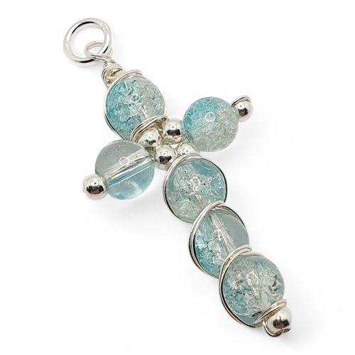 Crackle Cross Pendant Makes 10 clear aqua jewelry making kit — DIY set with beads and instructions for creating handmade jewelry