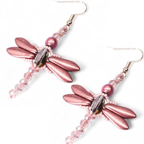 Crystal Dragonfly Earrings Kit met pink earring making kit — DIY set with beads and instructions for creating handmade jewelry