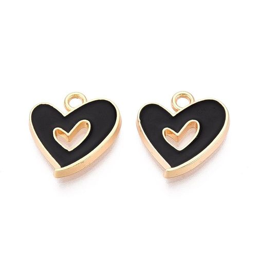 Enamel Gold Charm   15mm Flute Heart Black 2pc for jewellery making
