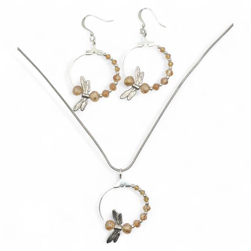 Dragonfly Earrings & Pendant champagne earring making kit — DIY set with beads and instructions for creating handmade jewelry