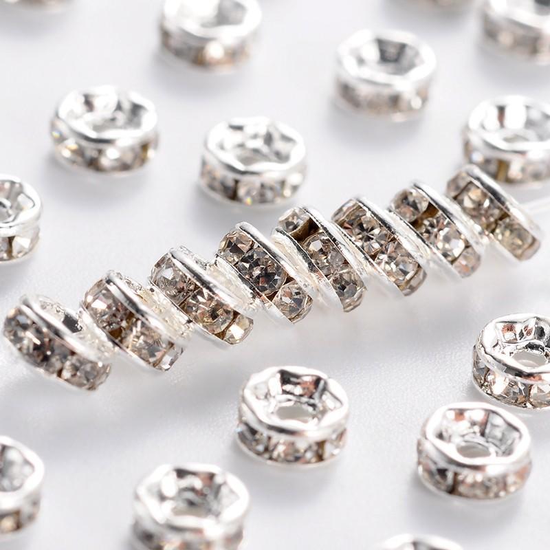 Crystal Diamante Silver Spacer - 100 pcs - Flat Rondelle 6mm - Clear