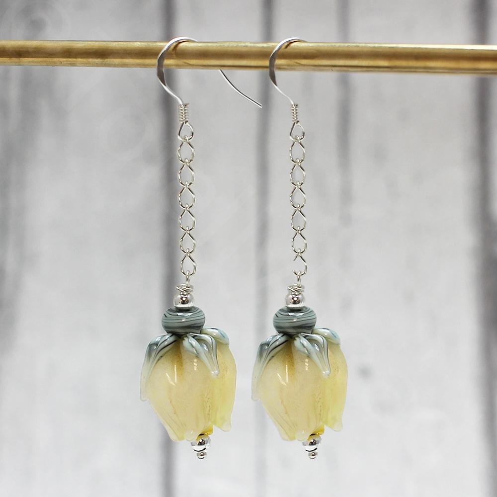 Lampwork Earrings - Banana and opal White Rosebud -20mm