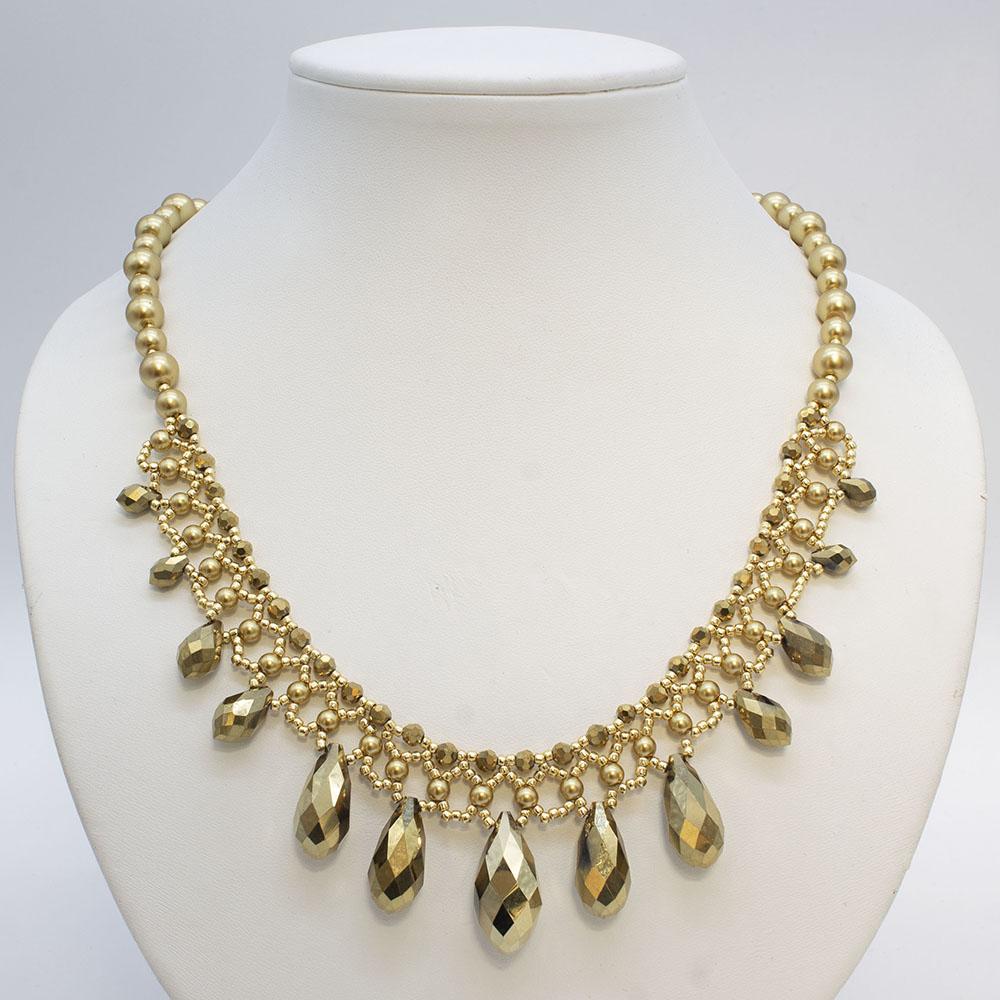 Crystal Drop Netted Necklace - Antique Gold