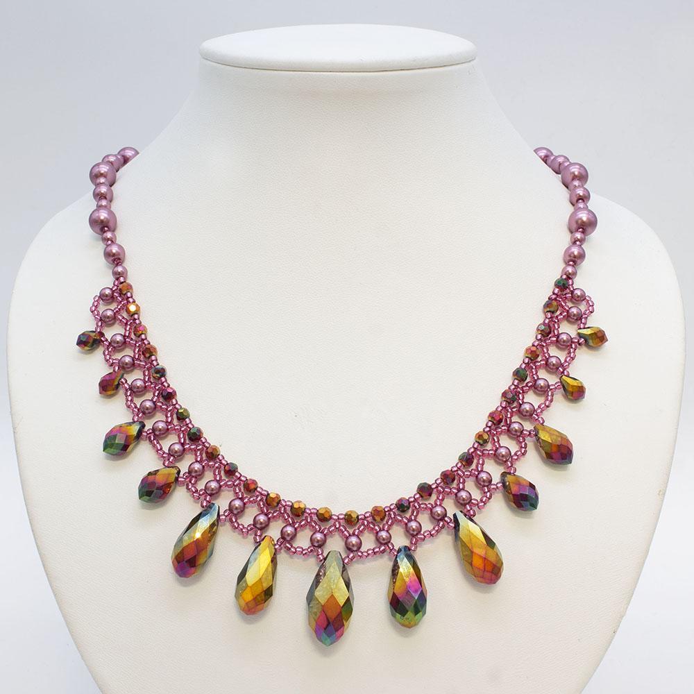 Crystal Drop Netted Necklace - Indian Pink