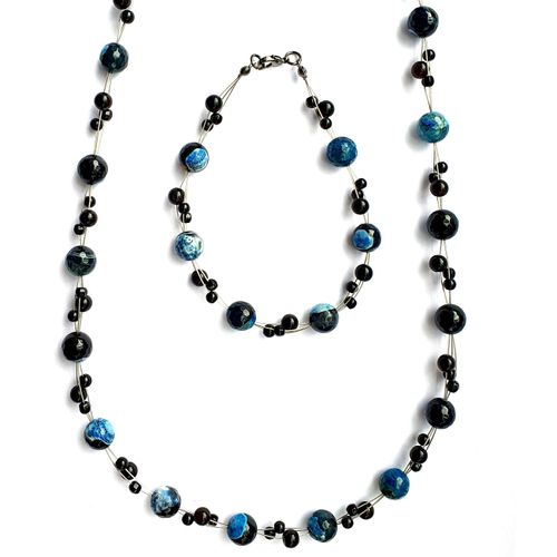 Fire Agate Onyx Jewellery Bundle blue jewelry making kit — DIY set with beads and instructions for creating handmade jewelry