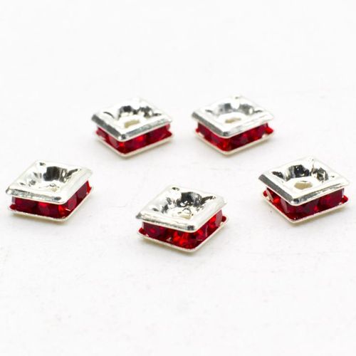 Crystal Diamante Silver Spacer Flat Square 5mm - Red