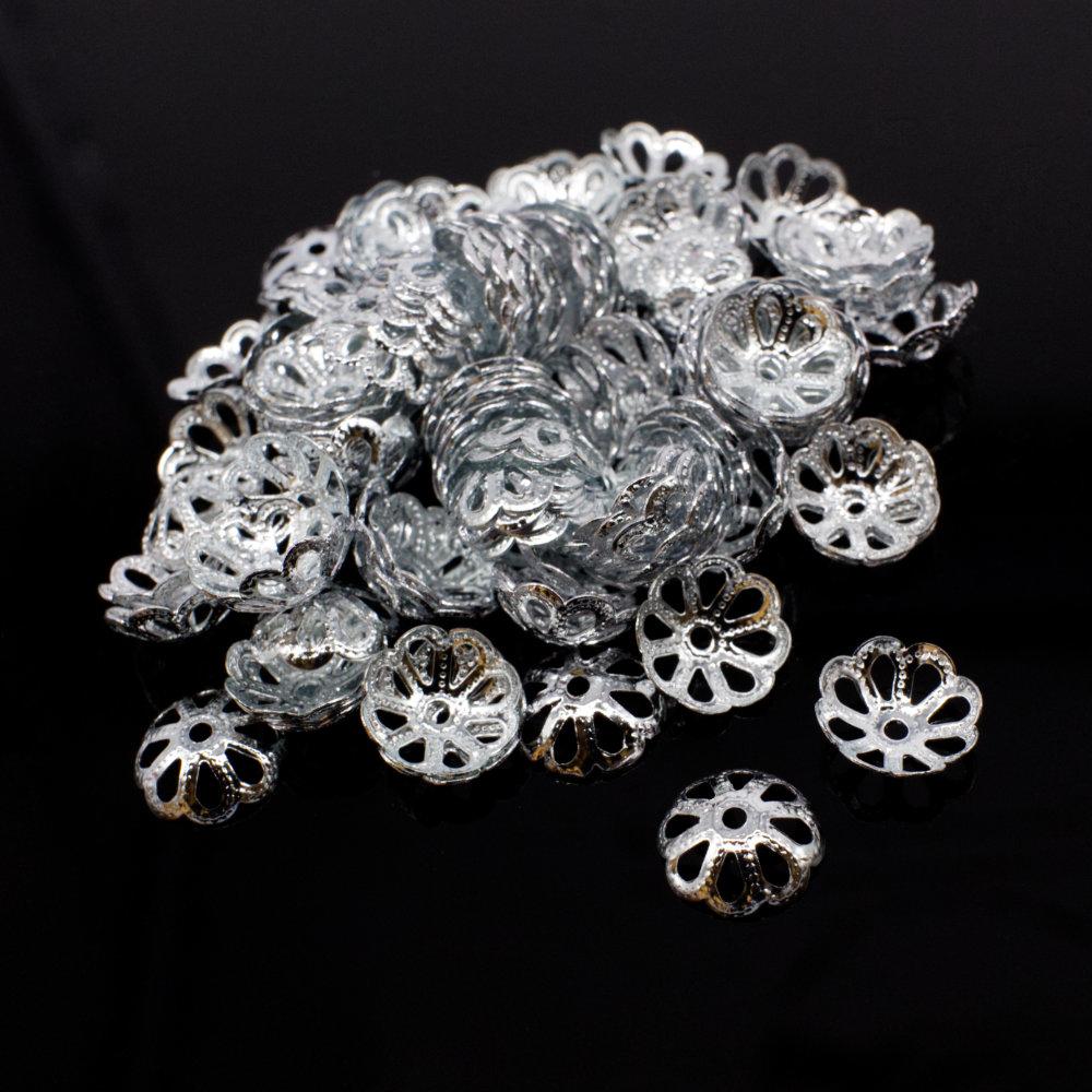Iron Beadcap 9mm 8 Petal Filigree   Rhodium 100pcs for jewellery making