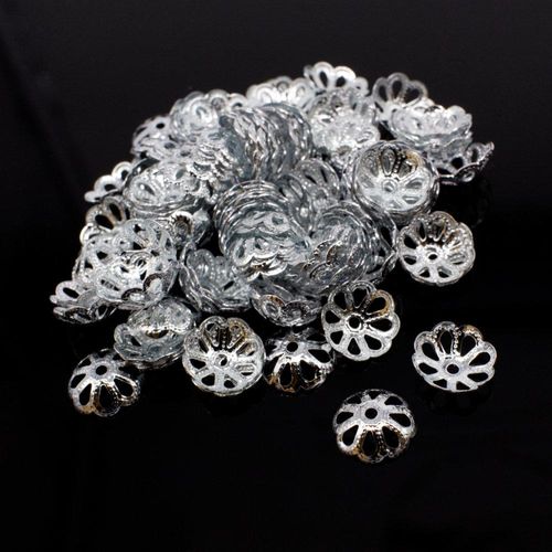 Iron Beadcap 9mm 8 Petal Filigree   Rhodium 100pcs for jewellery making