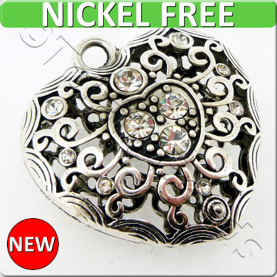 Antique Silver Metal Pendant - Crystal Heart 43mm