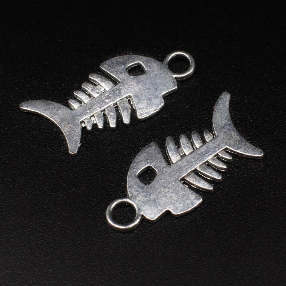 Antique Silver Metal Charm Fish Skeleton 28mm 8pc 8 Pieces for jewellery making