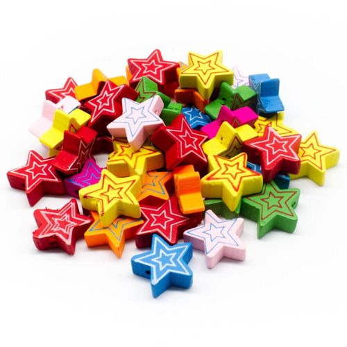 Colourful Wooden Beads   Striped Stars 17 x 17mm for jewellery making