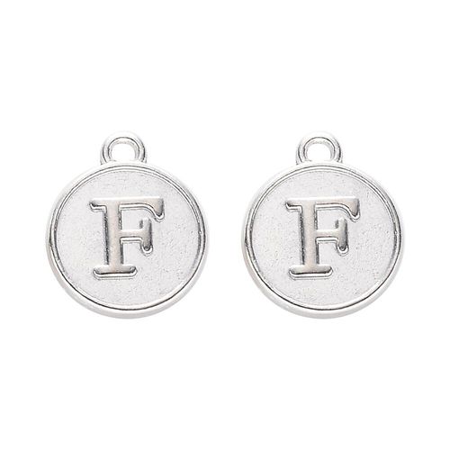 Disc Letter Charm Rhodium 12mm   F for jewellery making