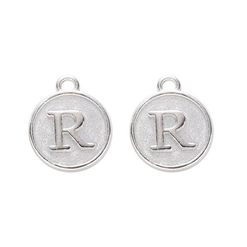 Disc Letter Charm Rhodium 12mm   R for jewellery making