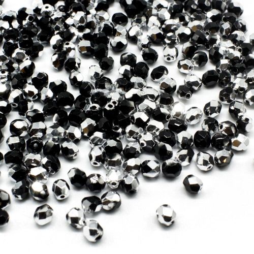 4mm Czech glass fire polished faceted beads half silver jet black — pack of 100, high-quality faceted beads perfect for jewelry making an…