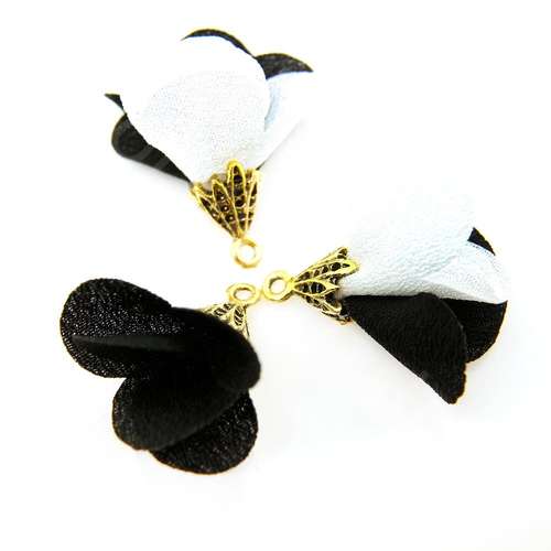 Flower Tassel Two Tone - Gold Leaf Cap Black and Ivory 5pcs