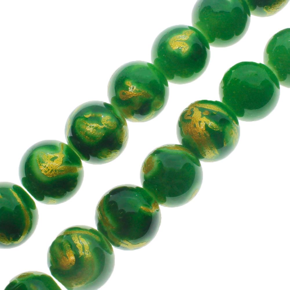 Gold Swirl Glass Beads 10mm Round - Green