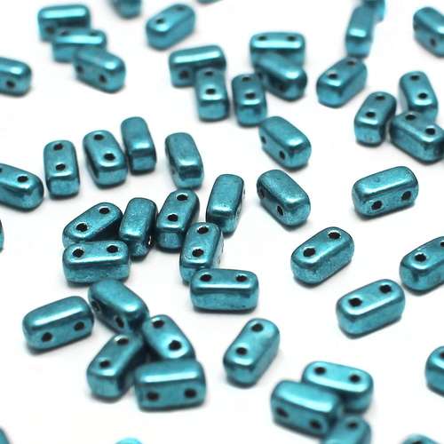 6x3mm Czech glass glass beads met quetzal green — pack of 50, high-quality two-hole beads ideal for jewelry making, bead weaving, and crafts