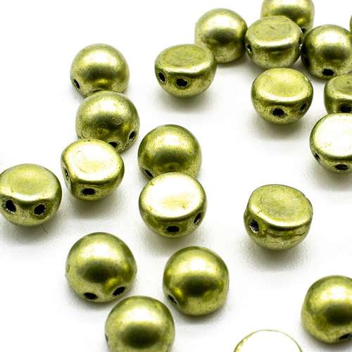 7mm Czech glass glass beads sat. metallic primrose yellow — pack of 25, high-quality two-hole beads ideal for jewelry making, bead weavin…