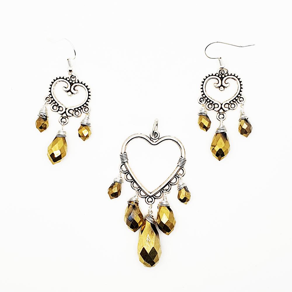 Heart Pendant & Earrings Crystal Pack - Gold