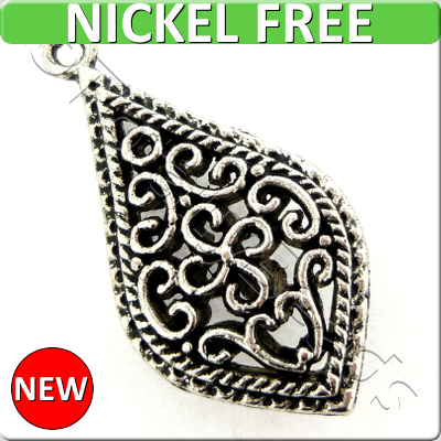 Antique Silver Metal Pendant - Filigree Drop 33mm 3pcs