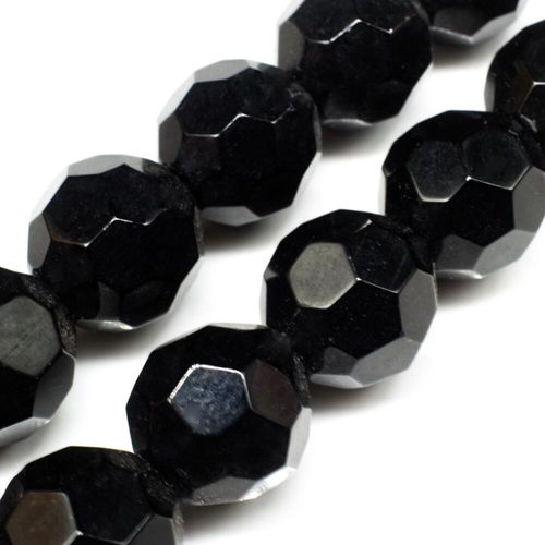 Glass Beads 16mm Facet Round   Black 14" String for jewellery making