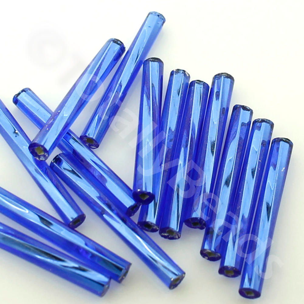 Czech Bugle Beads 20mm - 20g Twisted Silver Lined Blue