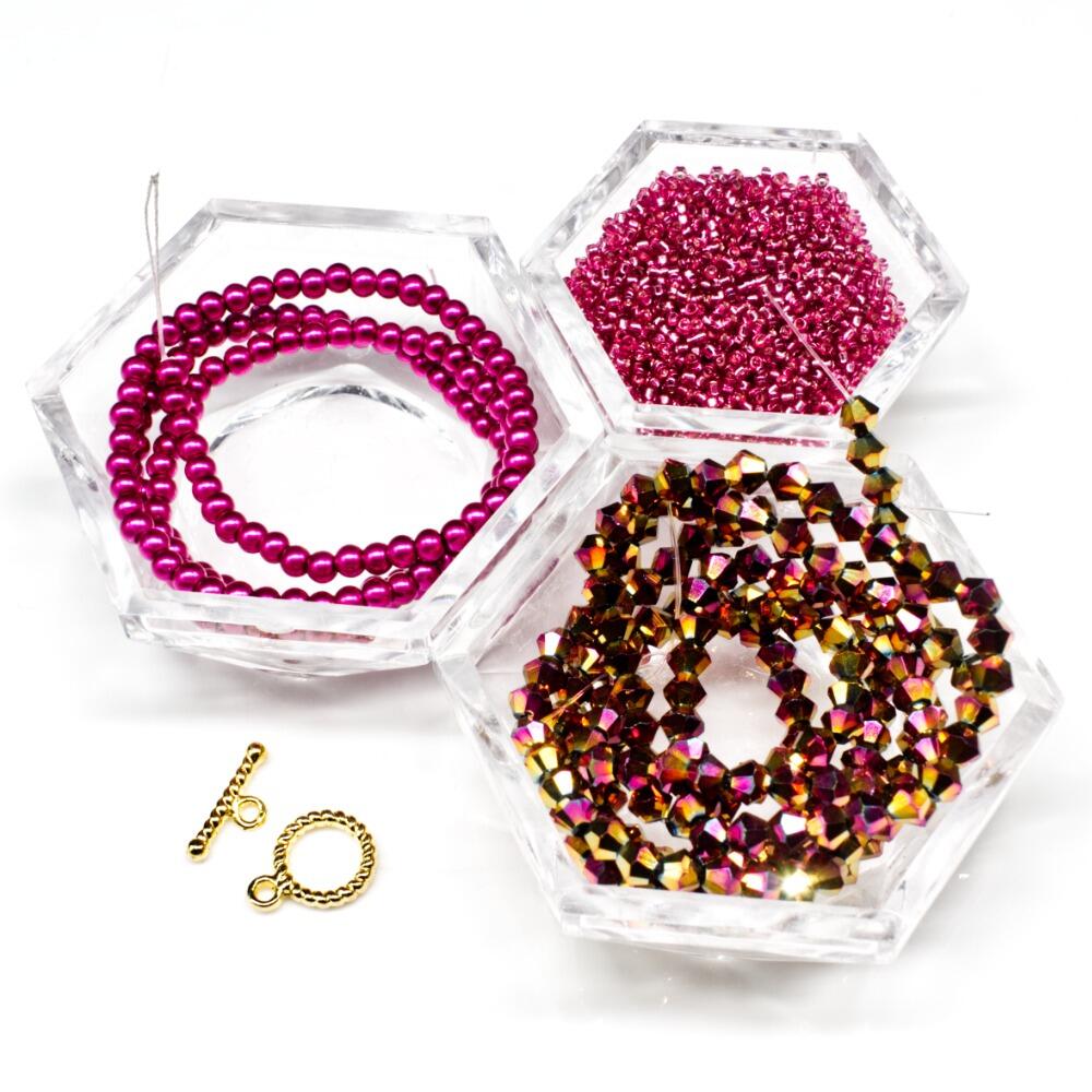 Crystal Flower Bracelet Makes 2 magenta bracelet making kit — DIY set with beads and instructions for creating handmade jewelry