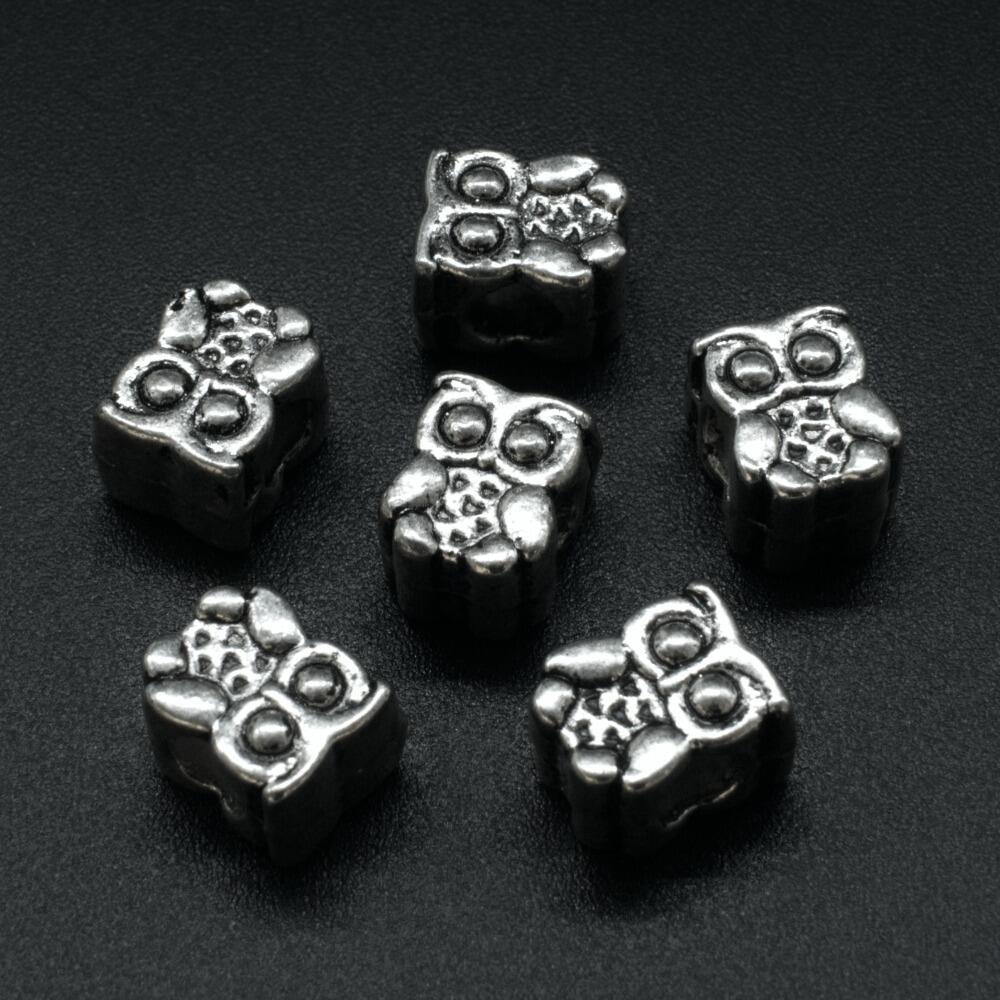 Ant. Silver Charm Bead Owl 11mm Large Hole 1pc for jewellery making