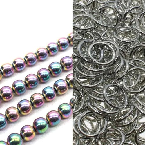 Hematite Double Row Chainmaille rhodium silver pink jewelry making kit — DIY set with beads and instructions for creating handmade jewelry
