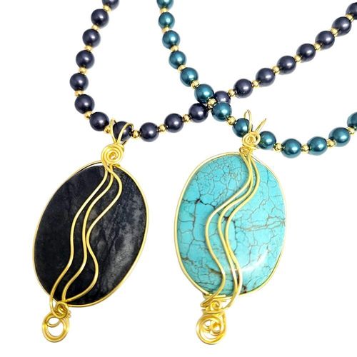Gemstone Oval Necklace turquoise & black necklace making kit — DIY set with beads and instructions for creating handmade jewelry
