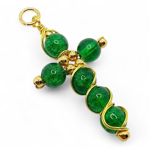 Crackle Cross Pendant Makes 10 green jewelry making kit — DIY set with beads and instructions for creating handmade jewelry