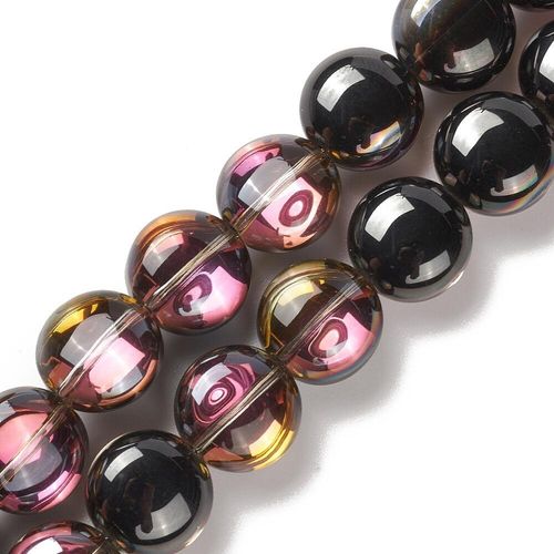 Glass Puff Coin 12mm Beads 10pcs   Black Rainbow for jewellery making