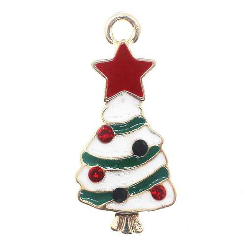 Enamel Christmas Gold Charm - Tree CZ Red Star 2pc