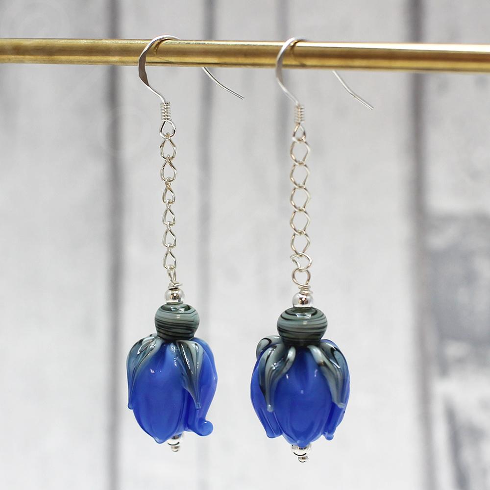 Lampwork Earrings - Blue Rosebuds -20mm