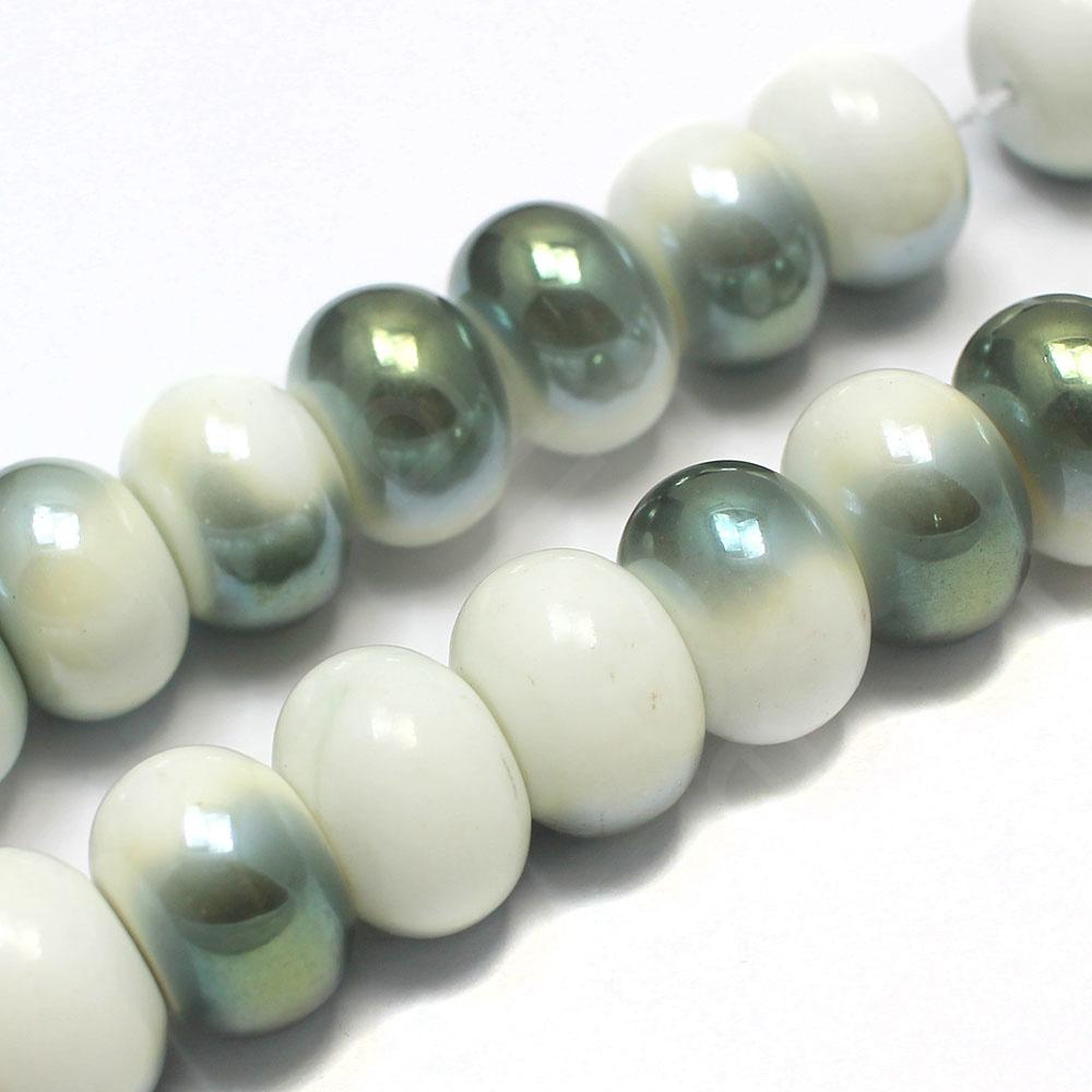 Ceramic Rondelle - 19x13mm - White with Green