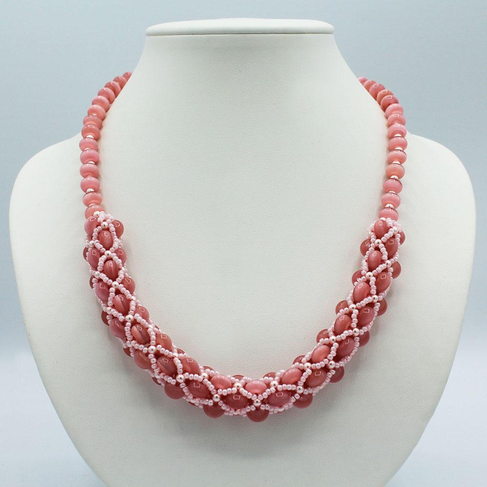 Cateye Tubular Netting Necklace - Salmon Pink