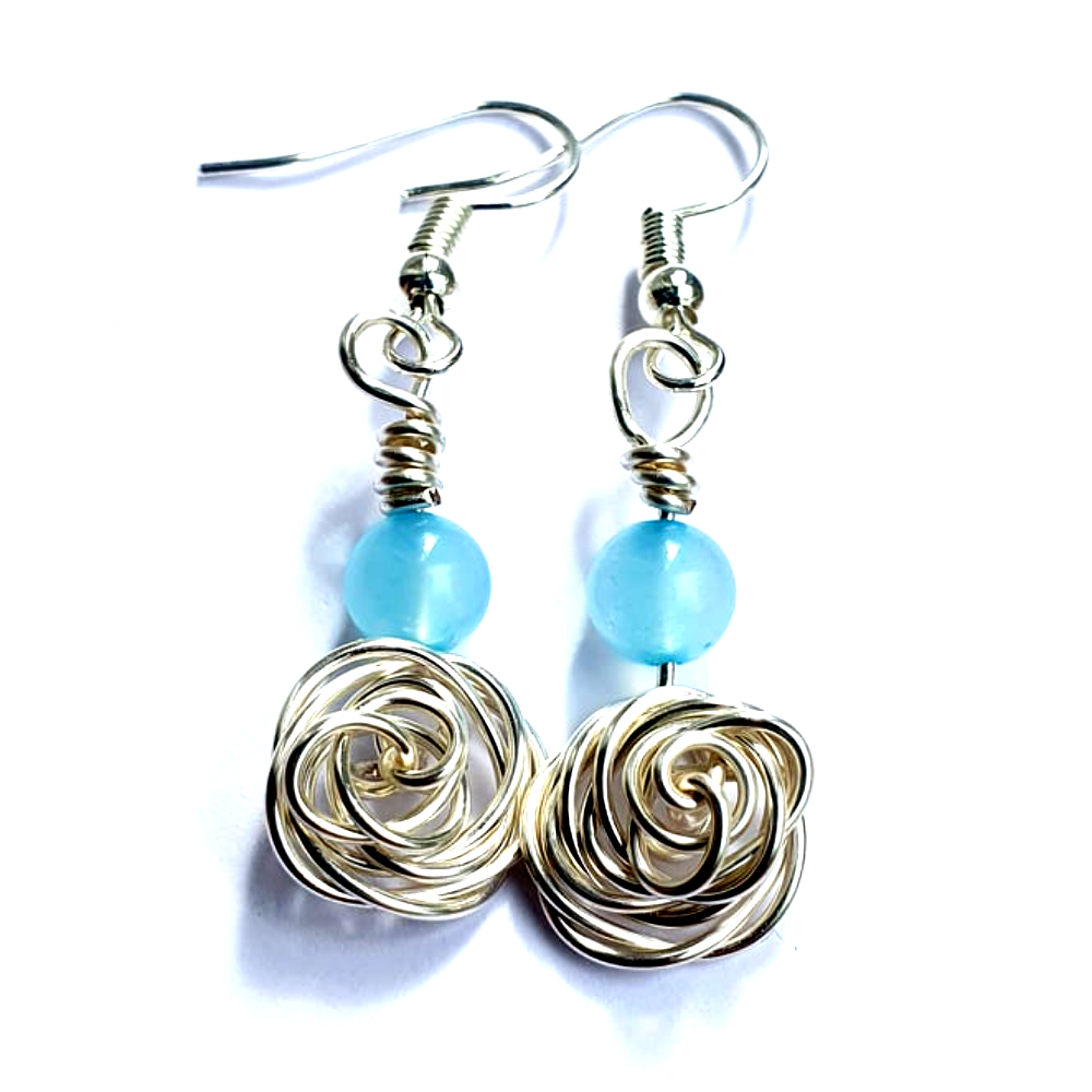 Wire Rose Earrings - Silver & Blue Chalcendony